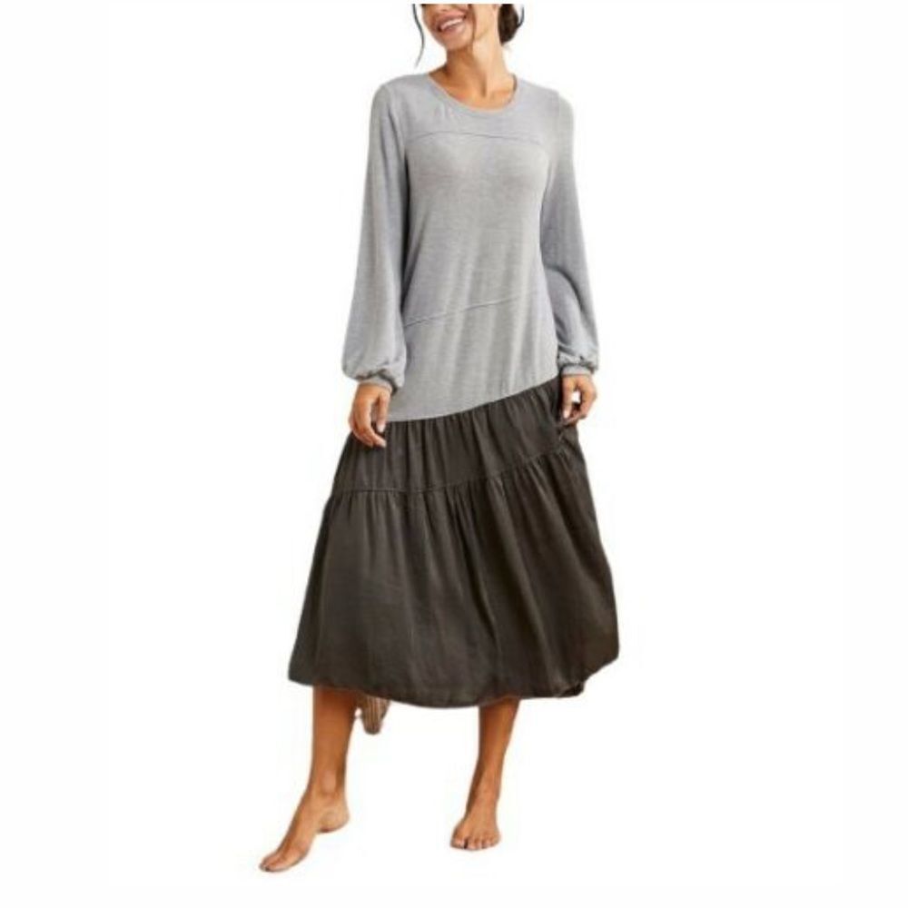 SIMPLE Suzanne Betro Heather Gray Ruffle Asymmetric Midi Dress